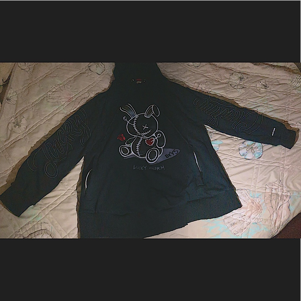BKYS  Lucky Charm voodoo doll hoodie. Mostly black, some white/grey/red. Size~M